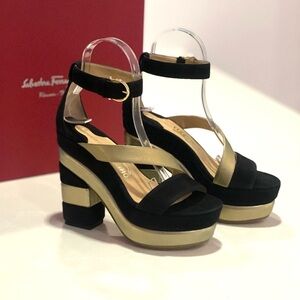 Salvatore Ferragamo Rare Sculptural Black and Gold Platform Heels New with box